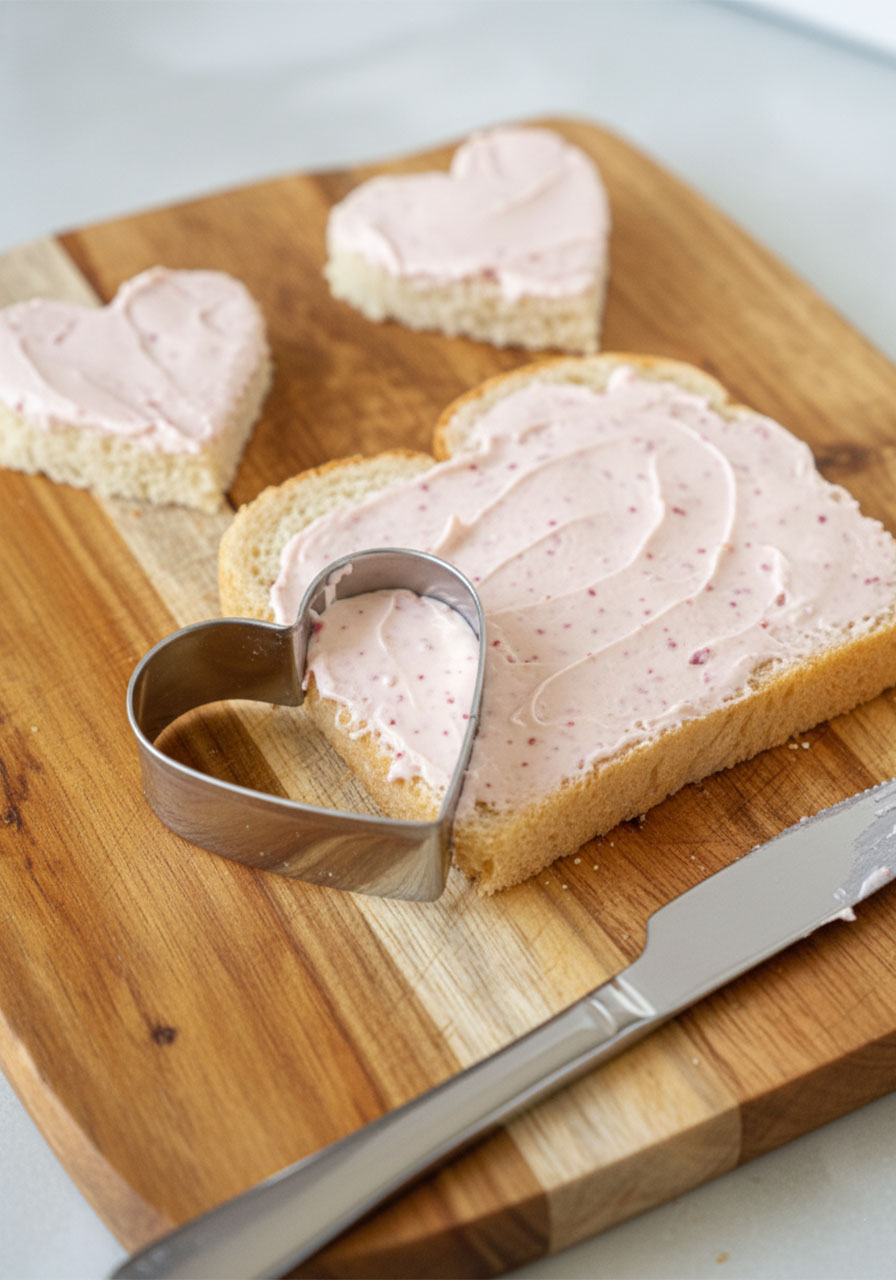 Using a heart-shaped cookie cutter to cut heart-shaped bread for easy strawberry tea sandwiches step by step
