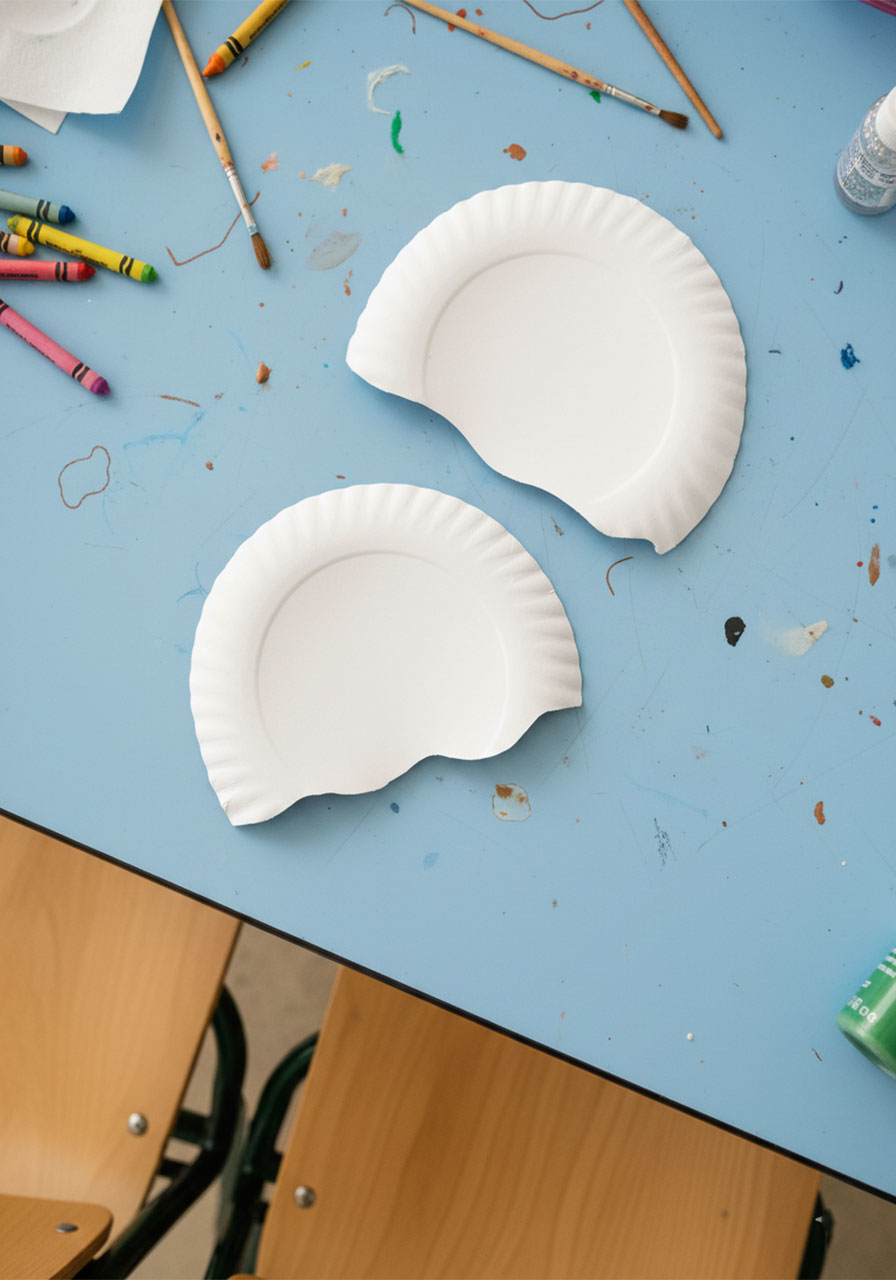 Child cutting a paper plate into an ice cream scoop shape with round-tipped scissors — step 1 of paper plate ice cream cone craft