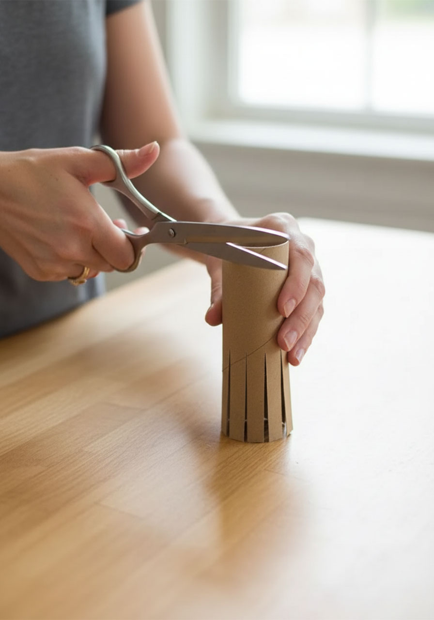 Adult hands cutting vertical slits two-thirds up a toilet paper roll to create a 4th of July firework stamp craft tool