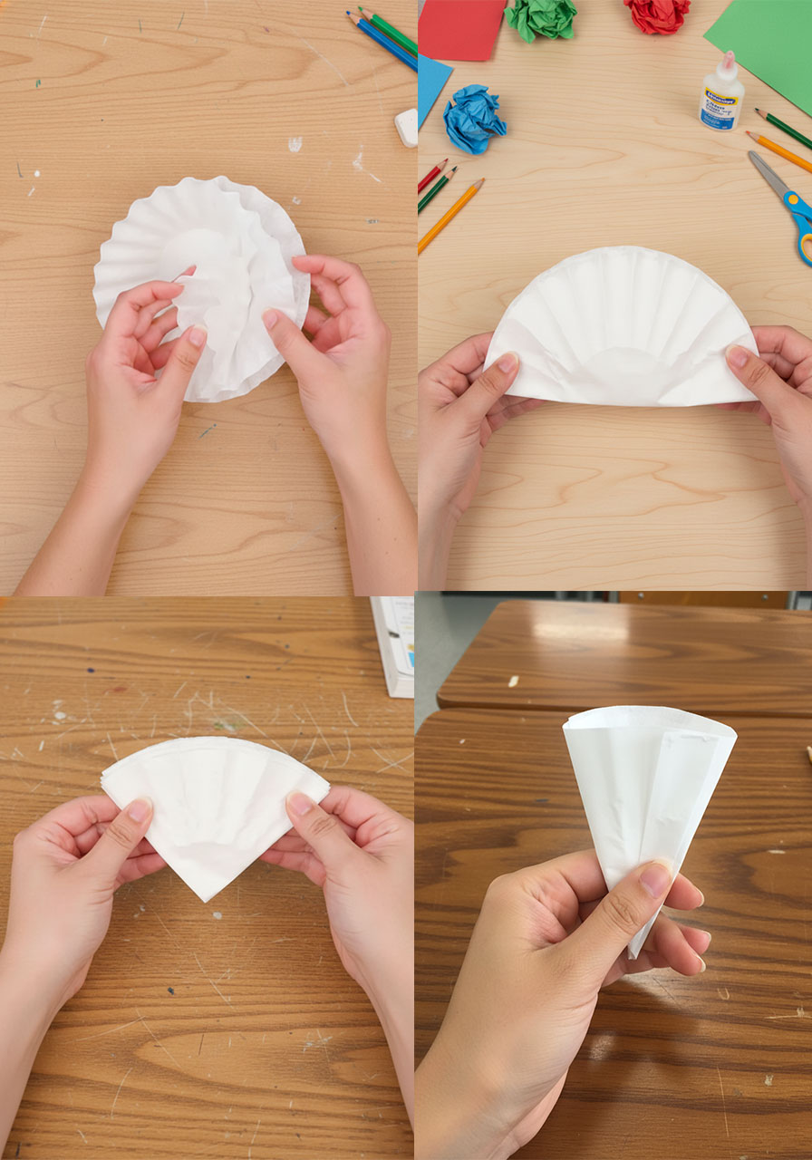 Step-by-step photos showing how to fold and cut coffee filters into a rose petal shape for DIY coffee filter roses step1a