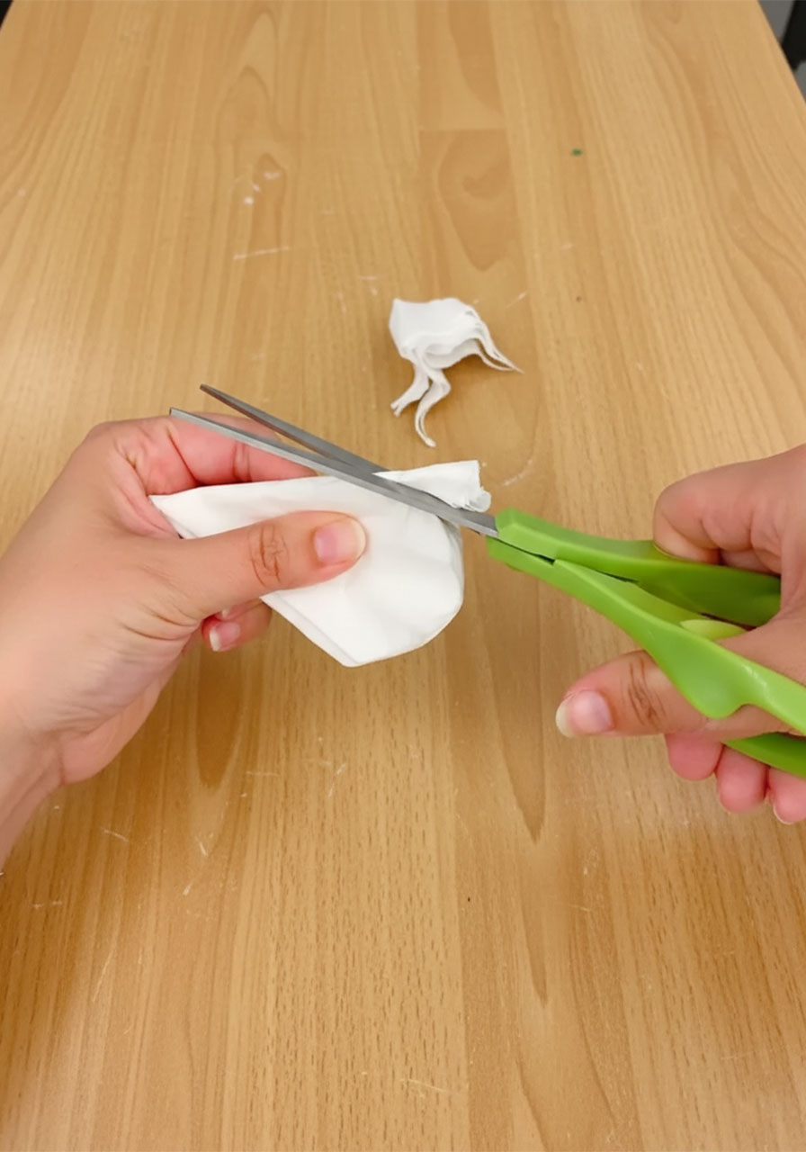 Step-by-step photos showing how to fold and cut coffee filters into a rose petal shape for DIY coffee filter roses step1b