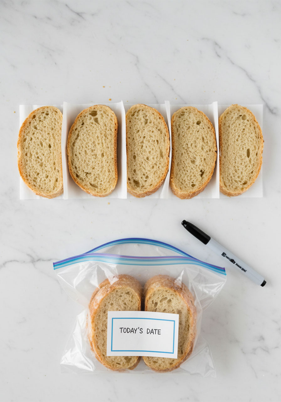 Gluten free bread slices layered with parchment paper being placed into freezer bag for storage
