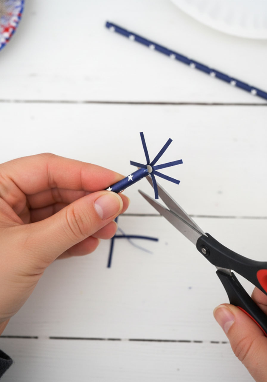 Close-up of hands cutting fringe strips into tip of navy star-print paper straw with scissors to create DIY paint stamp for 4th of July paper plate craft