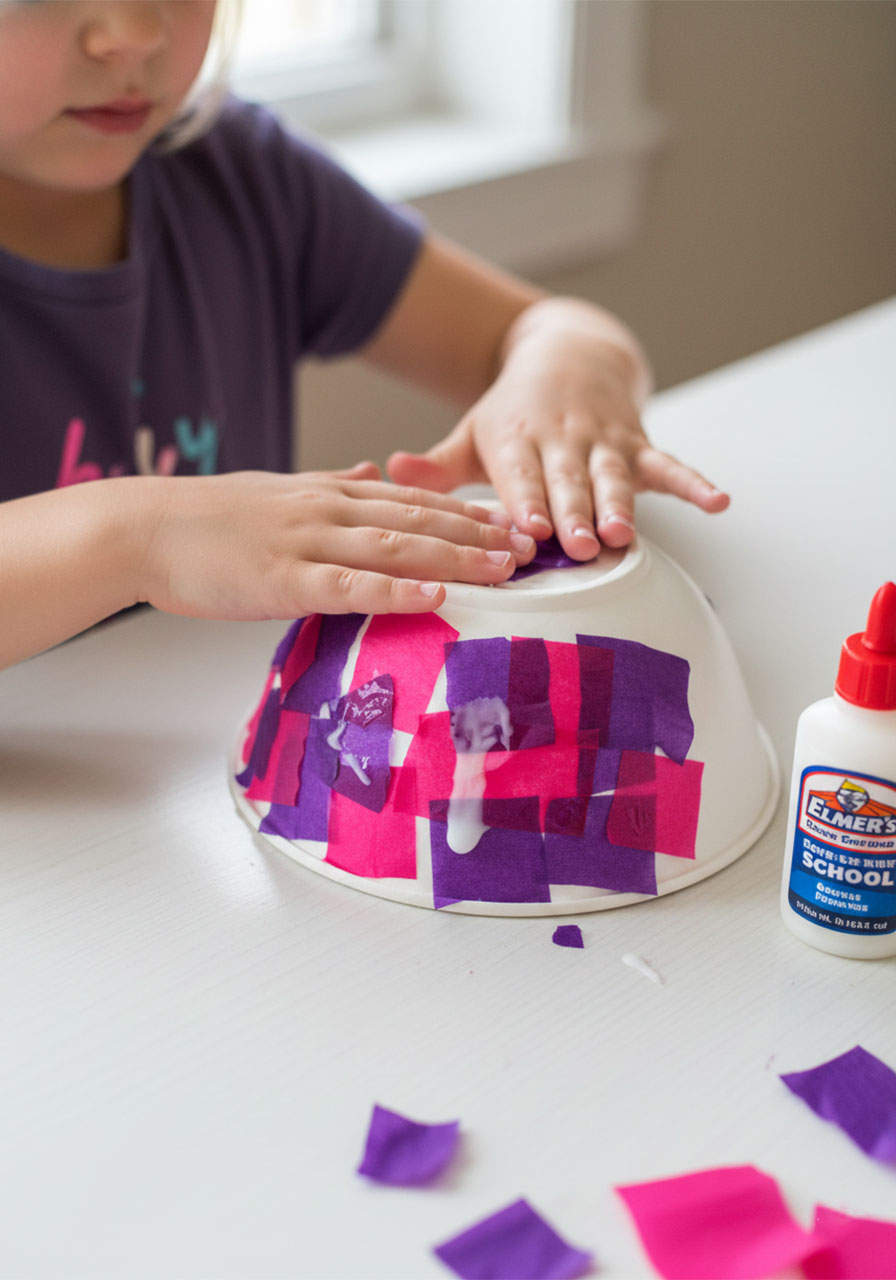 Child's hands gluing colorful tissue paper squares onto upside-down paper bowl for jellyfish craft