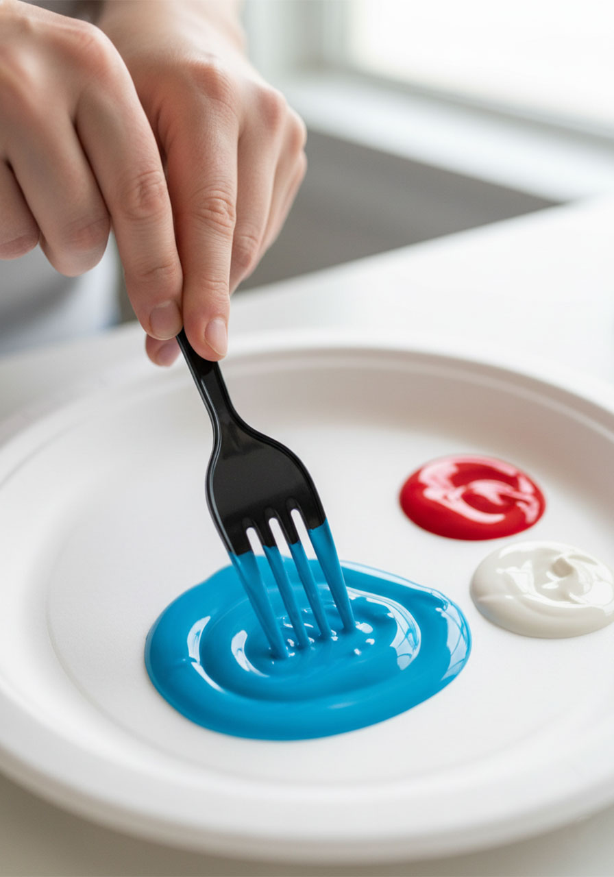 Adult hand loading a plastic fork with blue acrylic paint on a paper plate for fork painted fireworks craft