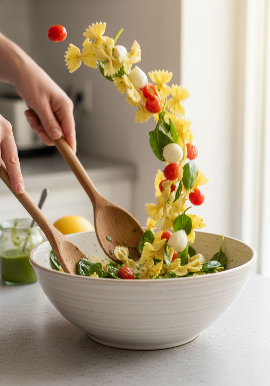 Hands tossing bow tie pasta salad with pesto dressing in a large white bowl — step by step how to make farfalle pasta salad