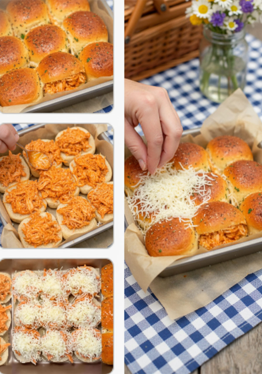 Three-step process of assembling buffalo chicken sliders showing chicken filling, cheese layer, and baked golden bun tops