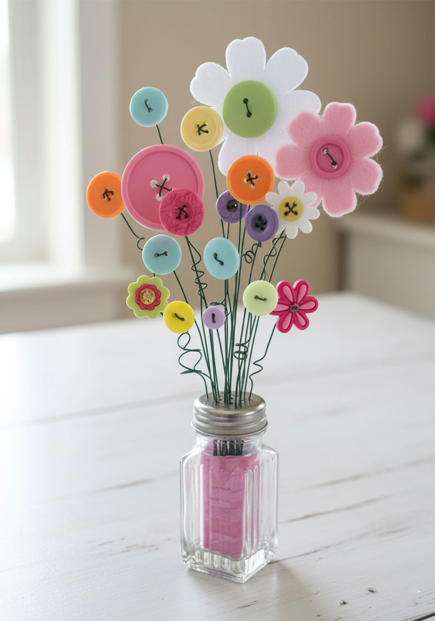 Finished DIY button bouquet in a glass salt shaker with pastel spring buttons and felt daisy flowers, perfect Mother's Day handmade gift