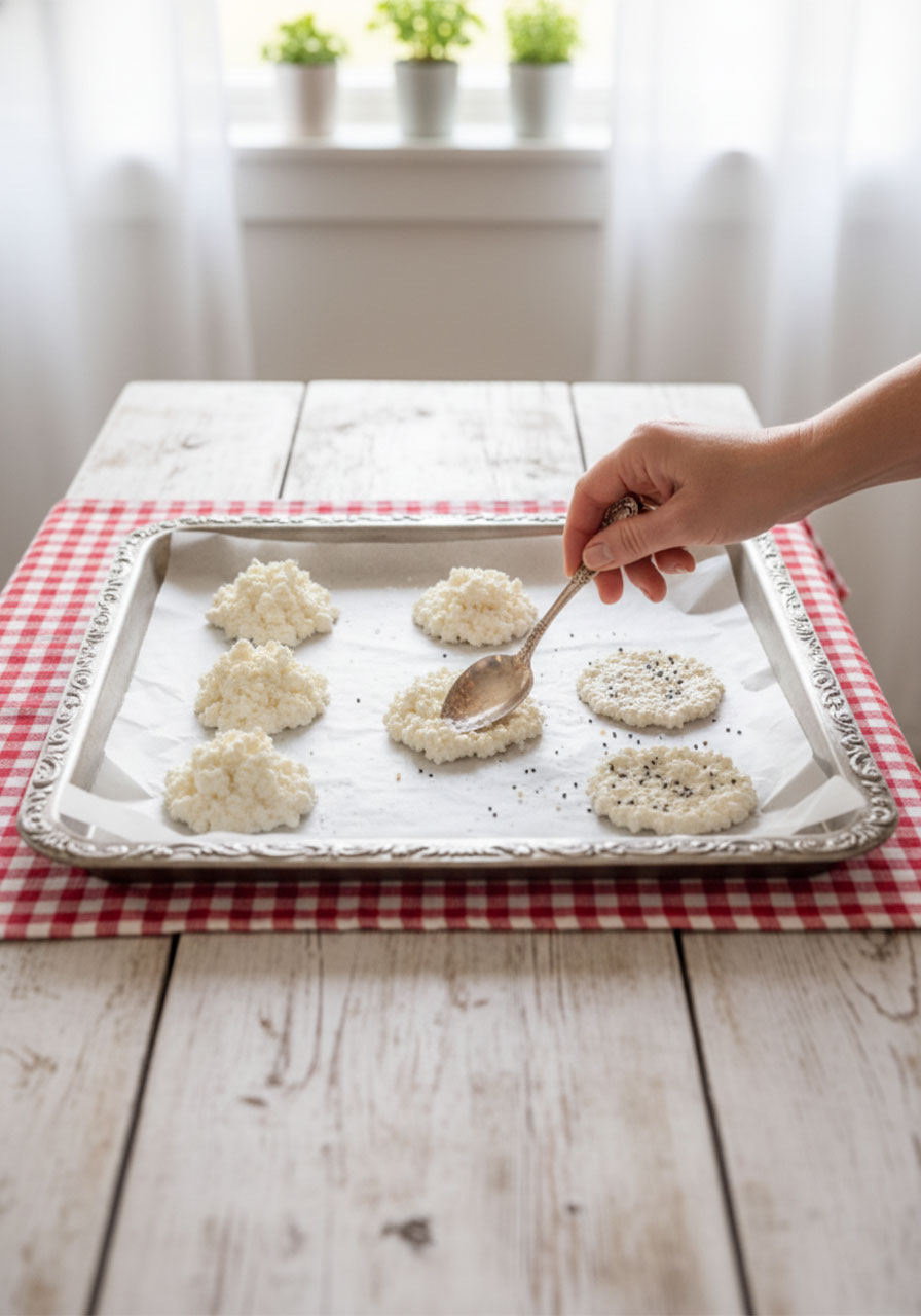 Step-by-step process showing how to scoop and flatten cottage cheese on a parchment-lined baking sheet to make homemade chips