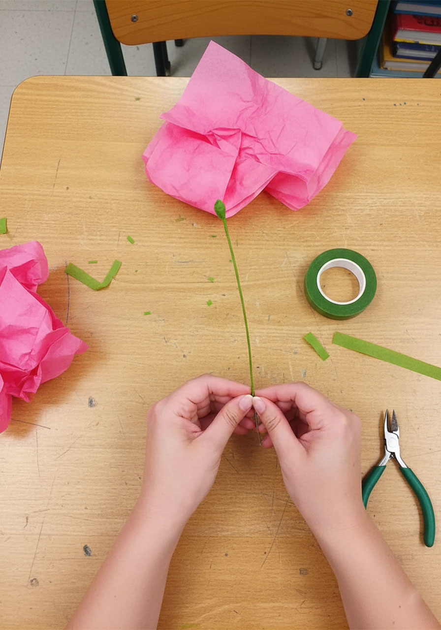 Wrapping green floral tape around 18-gauge wire to create the stem for a DIY coffee filter rose	step5c
