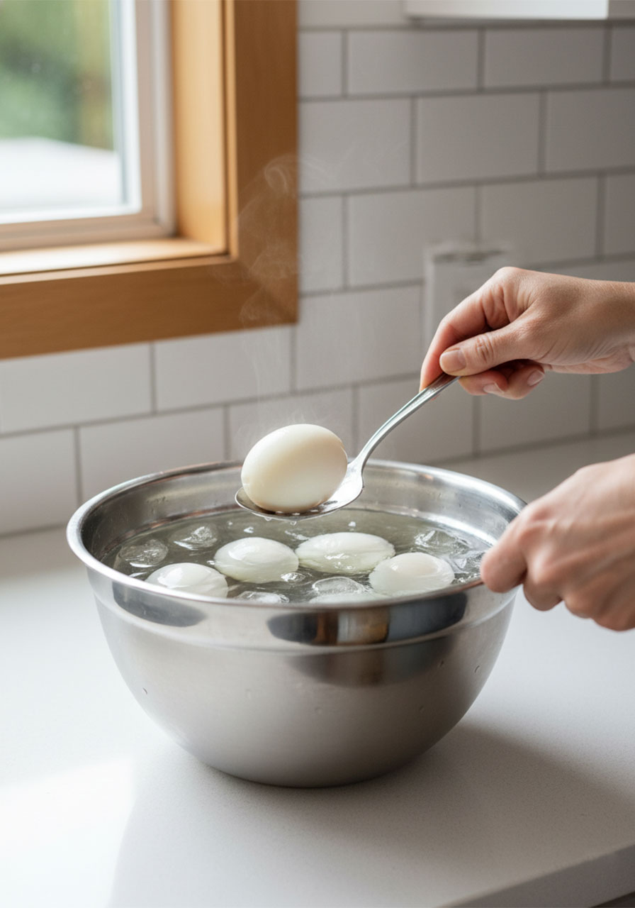 Woman lowering hard boiled eggs into ice bath to stop cooking for perfect deviled eggs