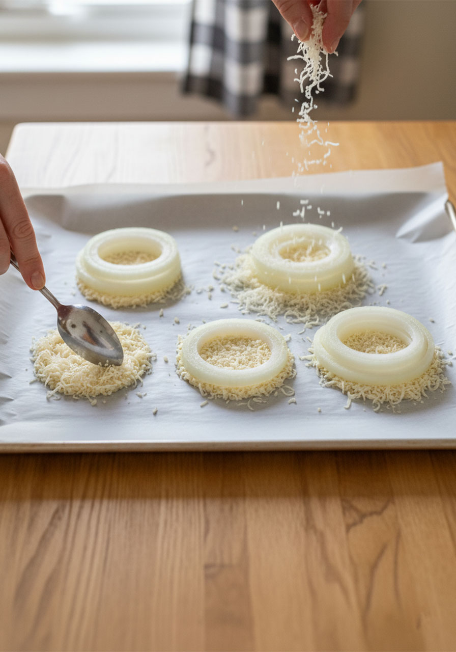 Step-by-step assembly of crispy keto onion rings showing parmesan cheese molds being built on parchment paper before baking