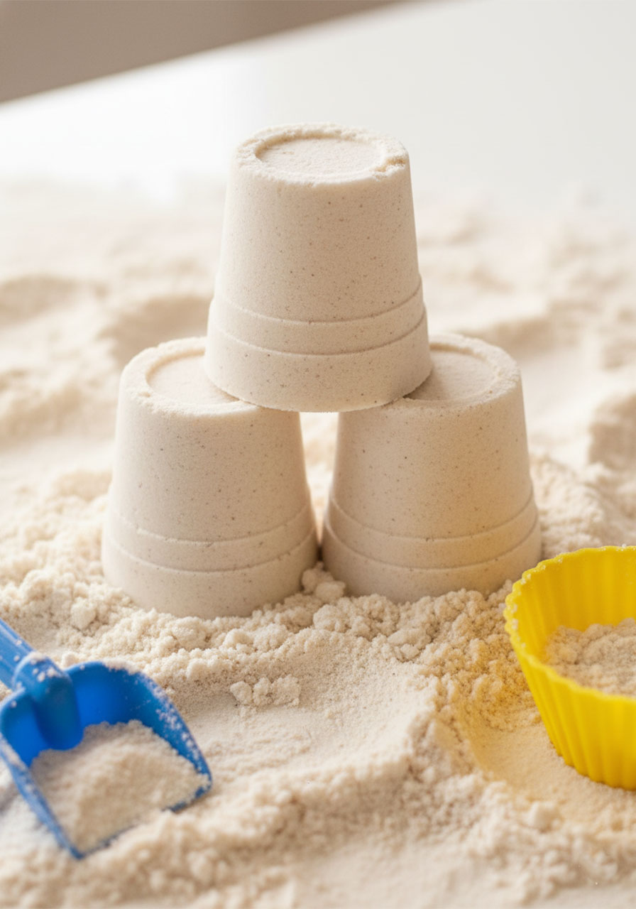 Finished DIY moon sand shaped into three smooth castle towers with a blue plastic spade