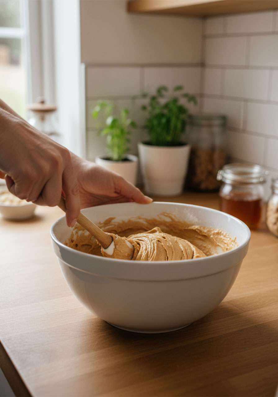 Mixing peanut butter protein bar dough by hand in a white bowl – step-by-step no bake protein bar recipe