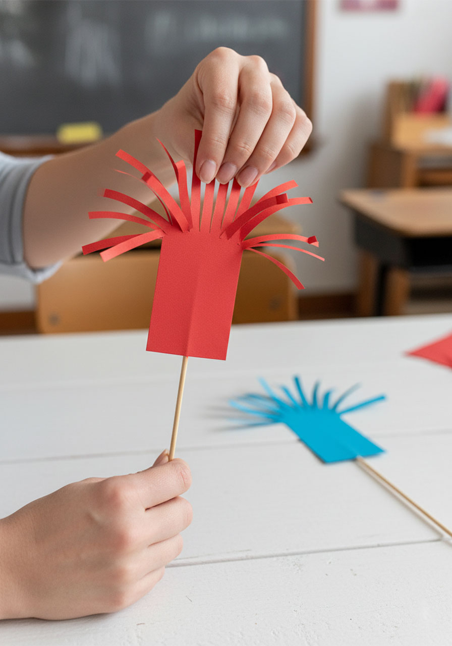Hands wrapping fringed red cardstock around wooden skewer to make paper fireworks stick for centerpiece