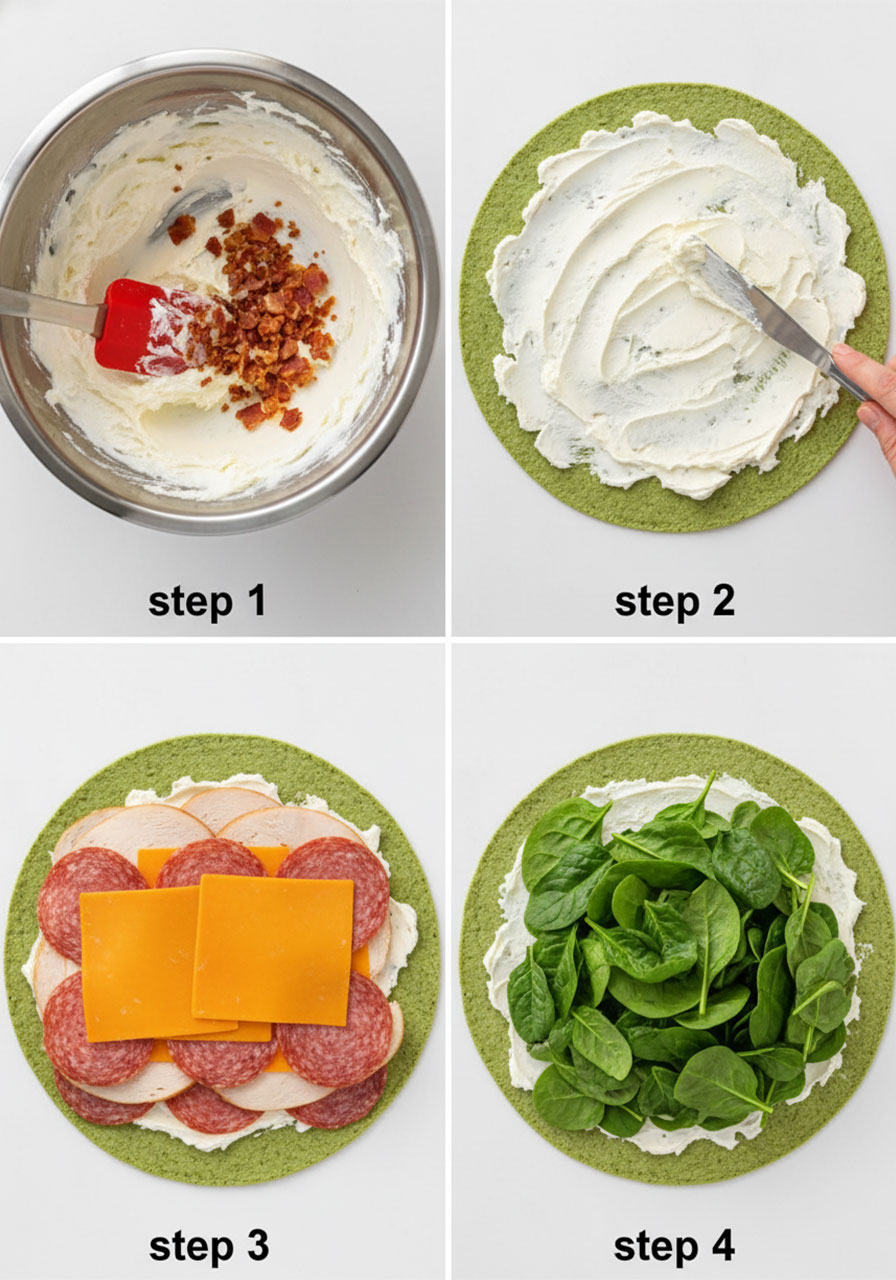 Four-step process photos showing how to make pinwheel sandwiches: mixing cream cheese spread, spreading on green tortilla, layering deli meats and cheese, and adding spinach
