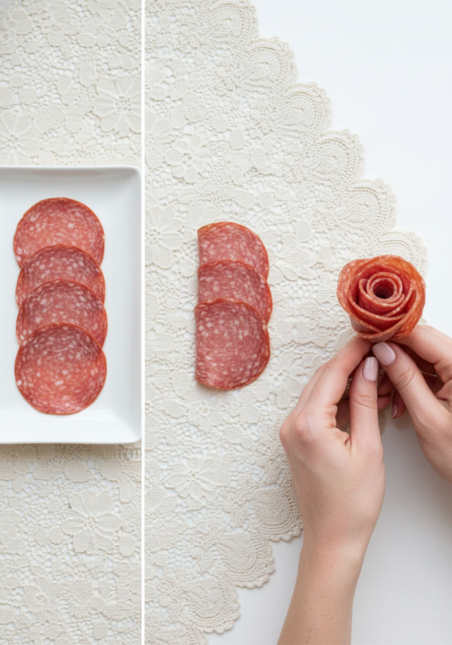 Step-by-step how to make a salami rose for charcuterie using four round salami slices folded and rolled