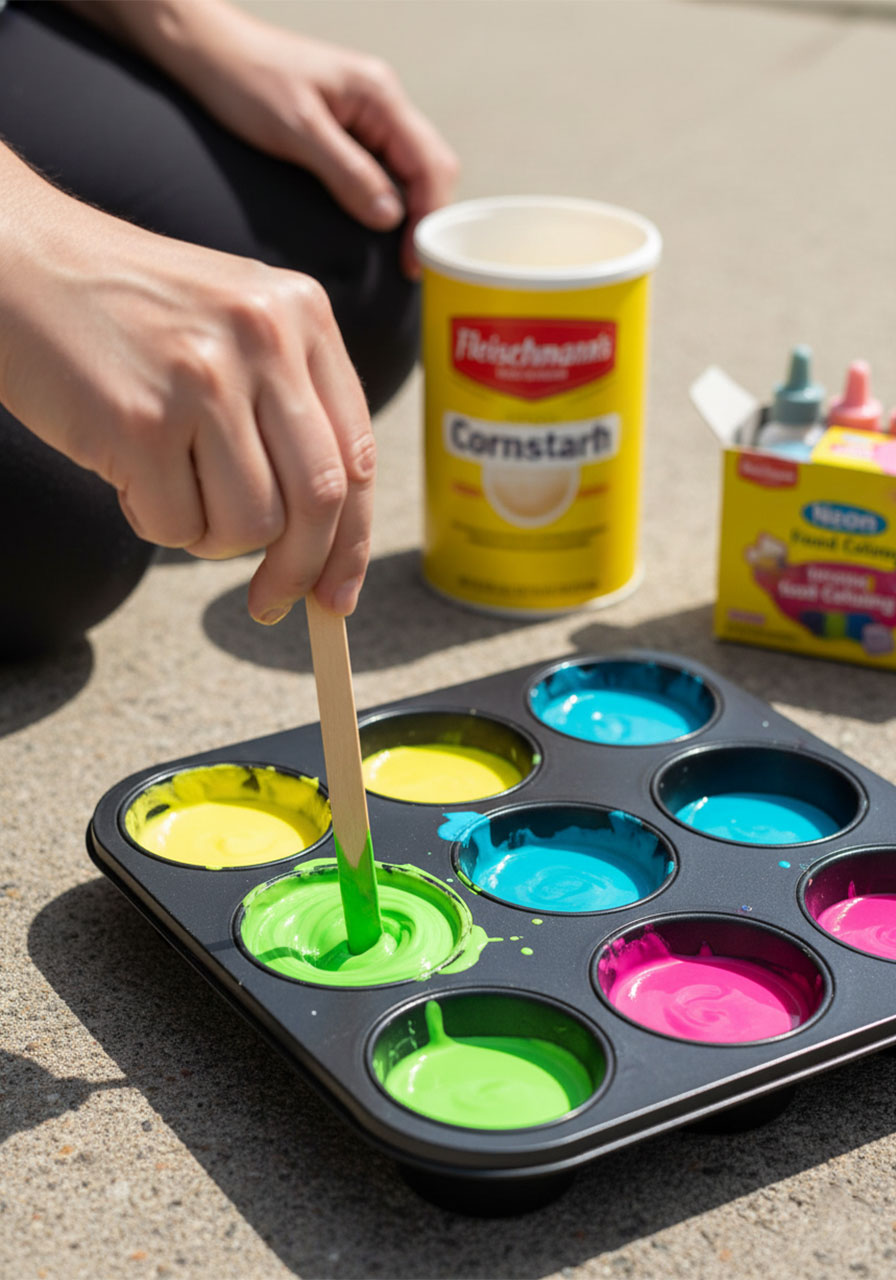 Step-by-step how to make DIY sidewalk chalk paint by mixing cornstarch and food coloring in a muffin tin