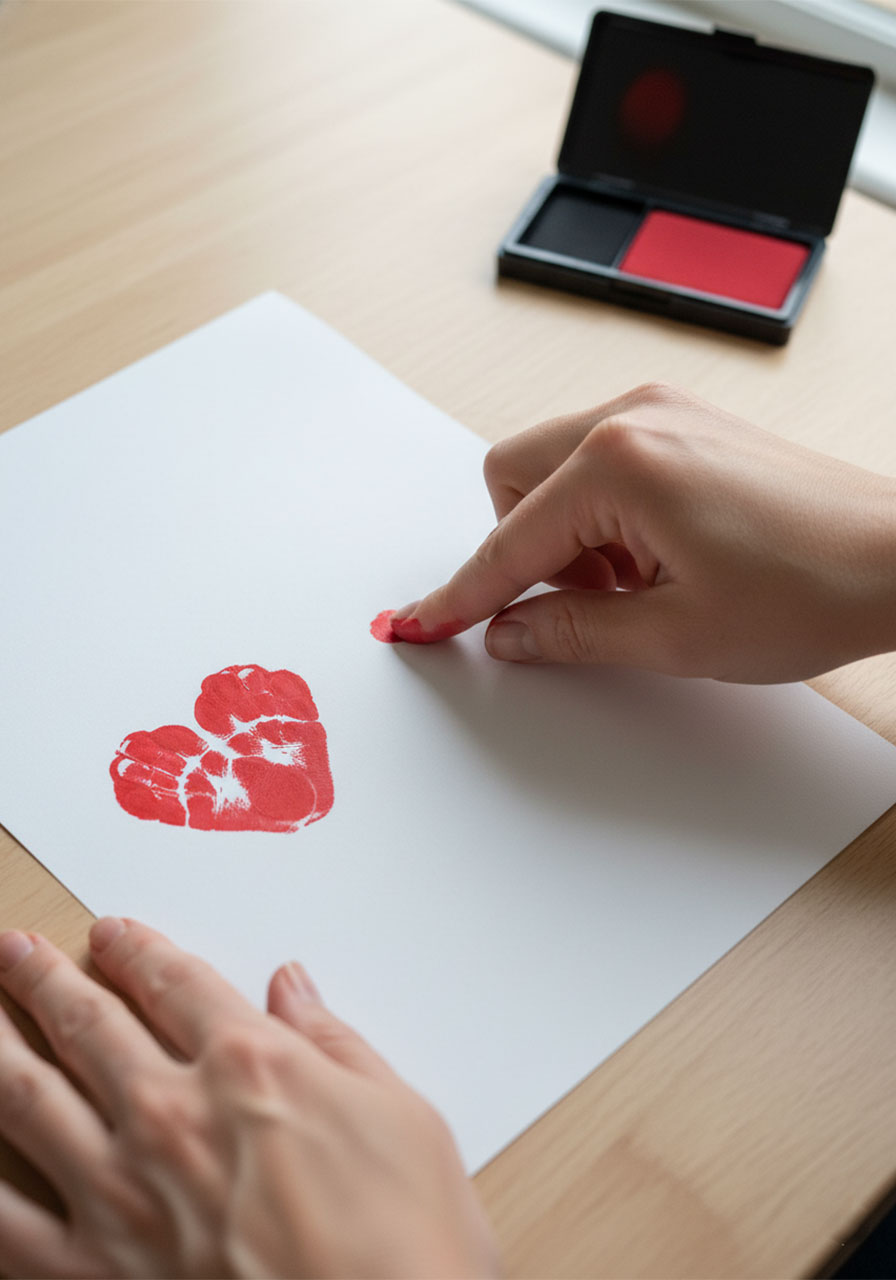 Step-by-step how to make a thumbprint heart — mom pressing thumb at diagonal angle onto white cardstock with red ink pad, completed fingerprint heart visible nearby