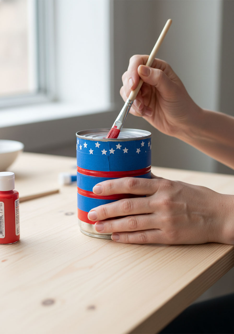 Adult woman painting red and white stripes on tin can using painters tape to create American flag design