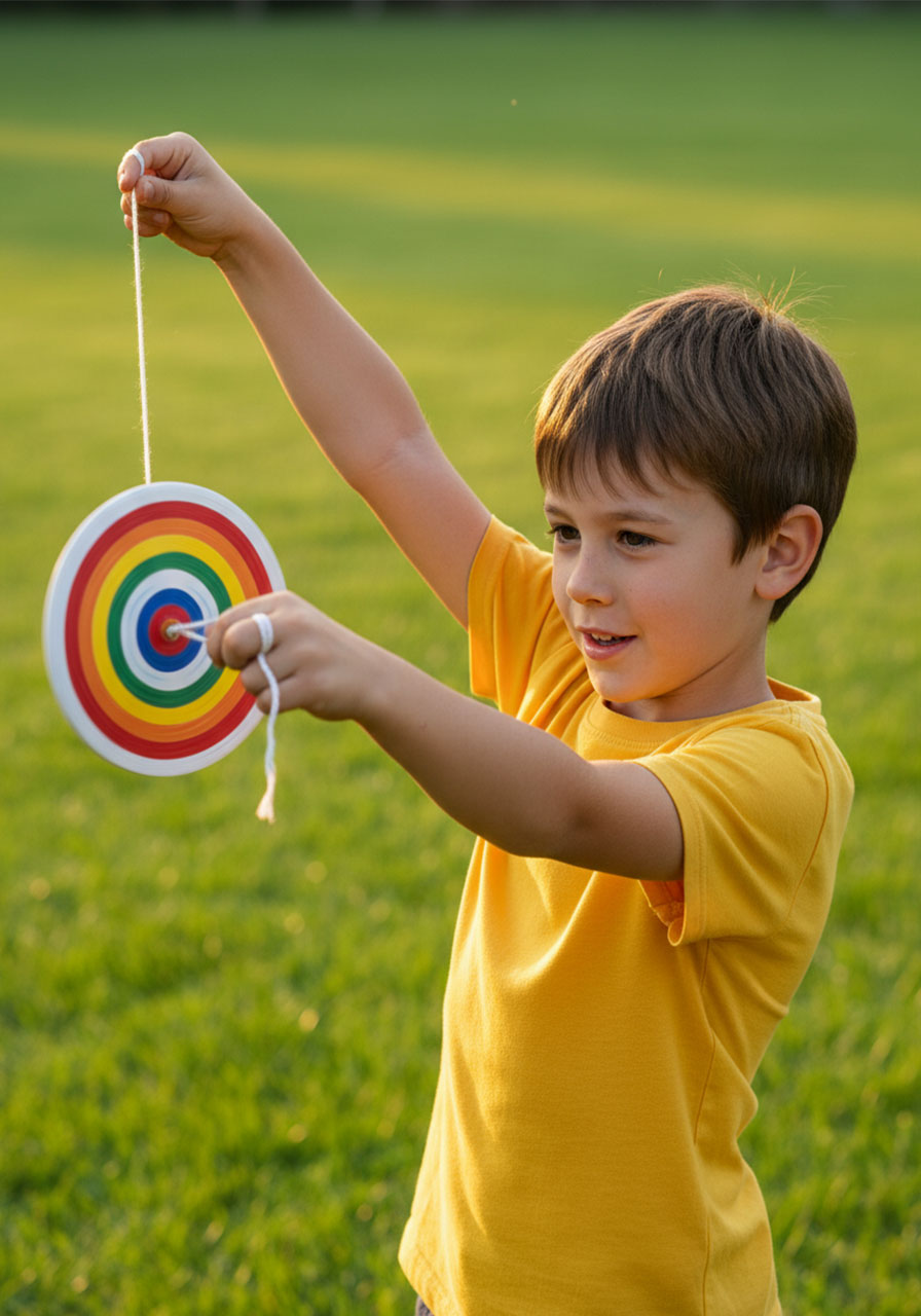 Boy with arms extended holding DIY paper spinner mid-spin, taut white twine on both sides with rainbow disc blurred in fast rotation, outdoor grass background