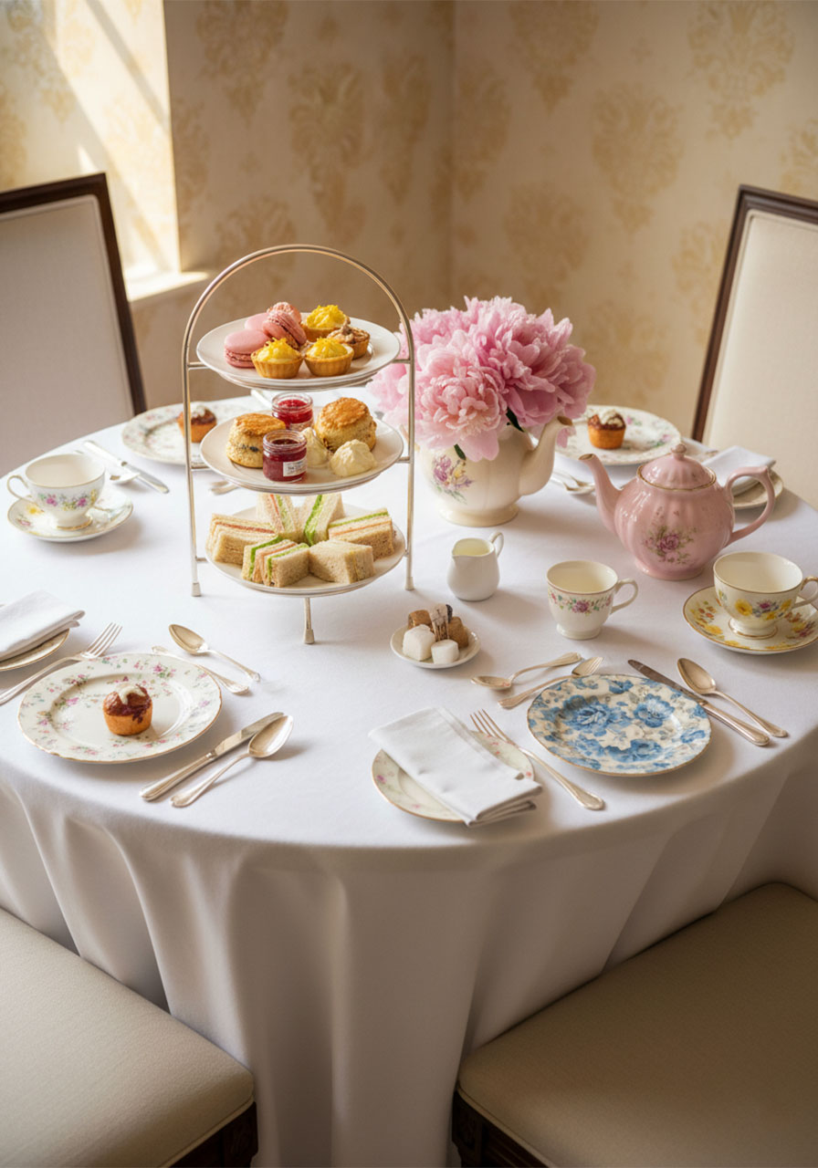 Complete afternoon tea table setup at home with 3-tier tray, finger sandwiches, scones, and floral teacups