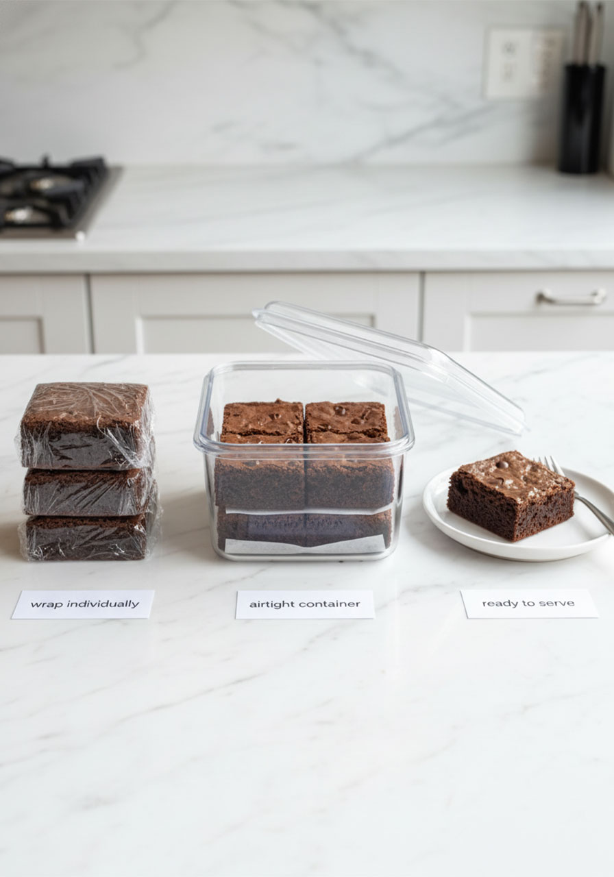 Three storage methods for Greek yogurt brownies shown side by side including individually wrapped, airtight container, and single serving on plate