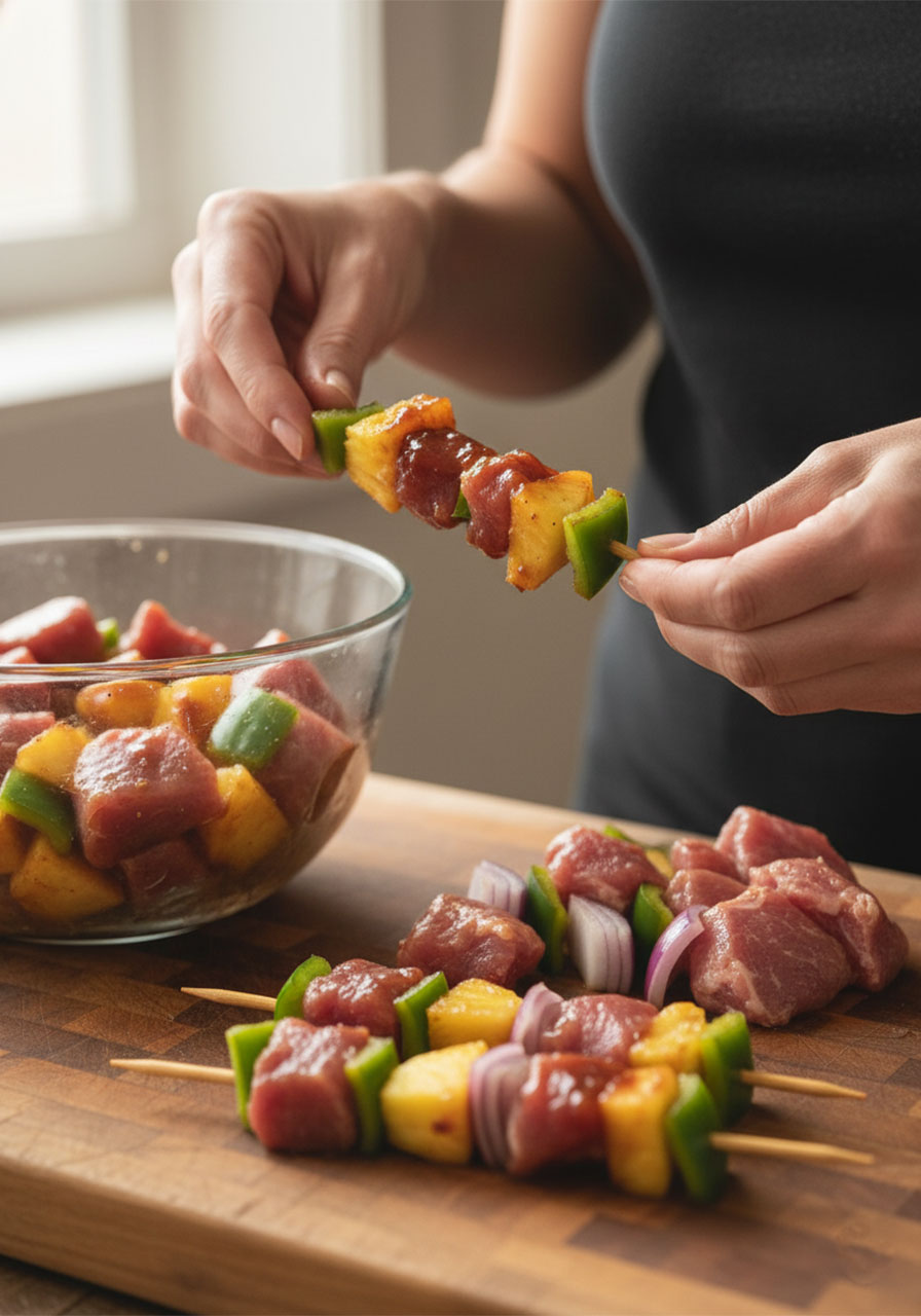 Hands threading marinated pork and pineapple chunks onto bamboo skewers on a wooden cutting board, step-by-step process for BBQ pork skewers