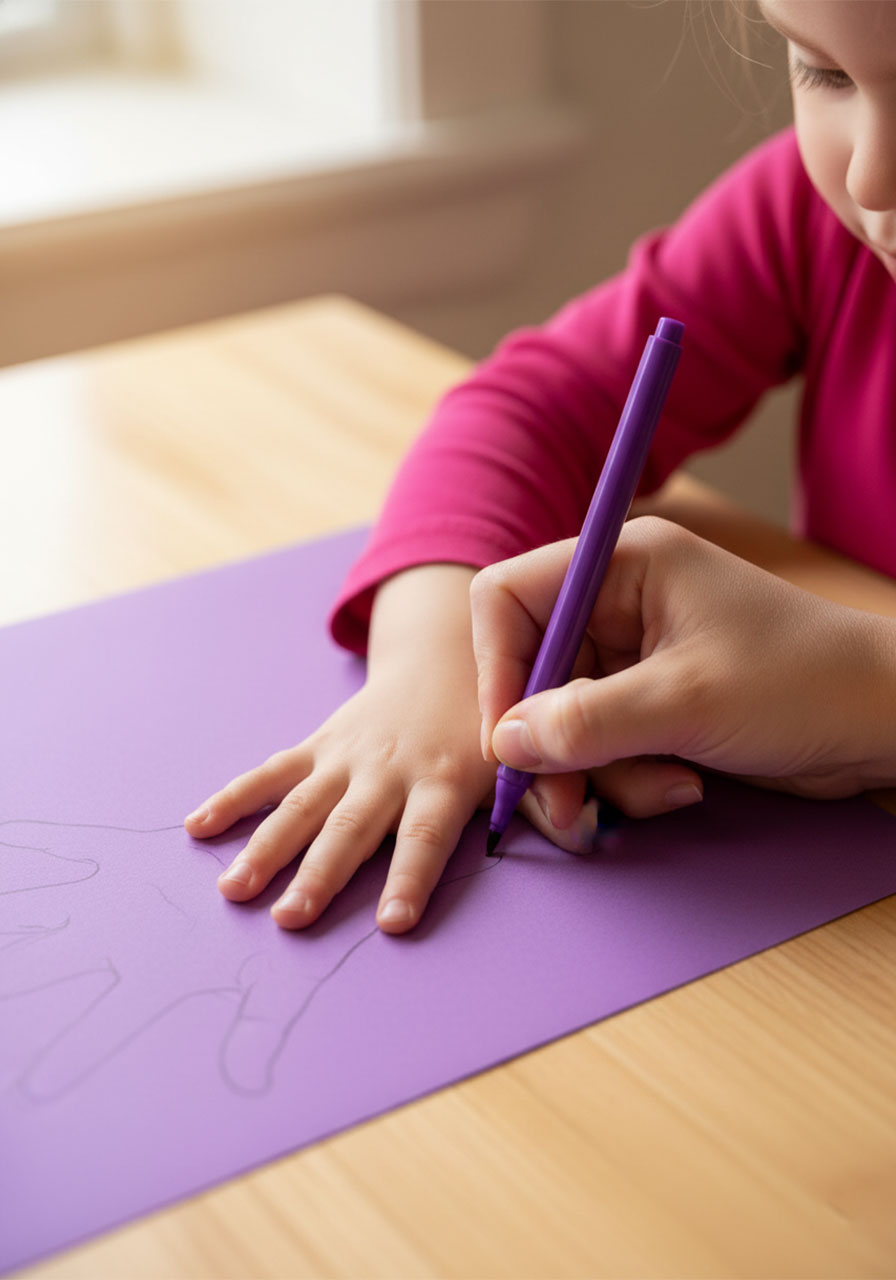Adult tracing a child's hand with fingers spread wide on purple construction paper to make a handprint fish puppet