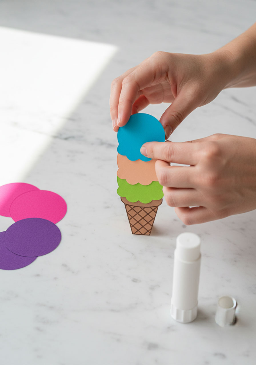 Hands gluing colorful cardstock scoops onto ice cream cone template to assemble ice cream name craft
