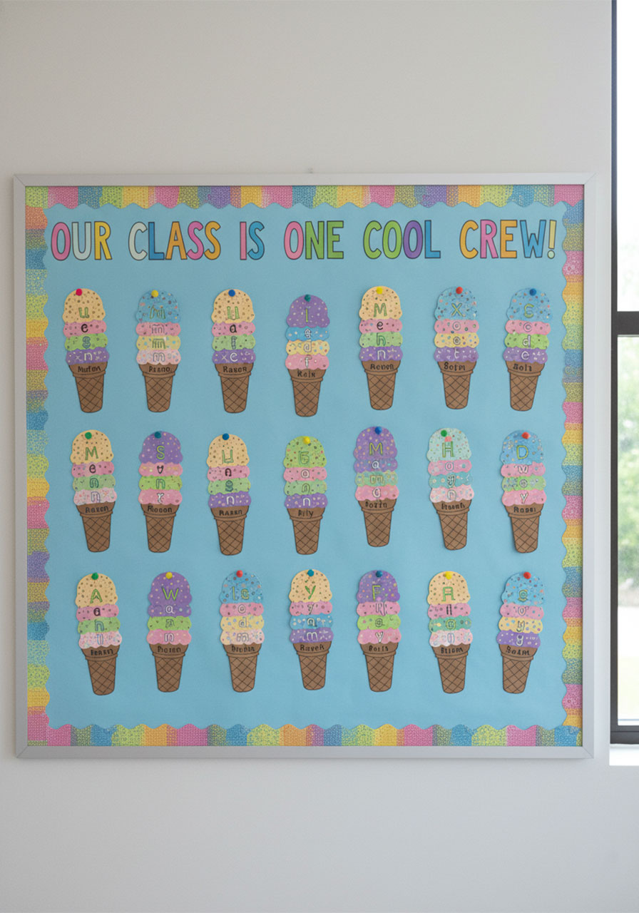 Elementary classroom bulletin board displaying multiple ice cream cone name crafts for back to school variation A
