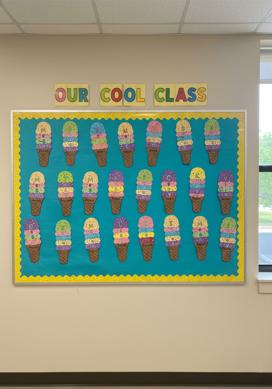 Elementary classroom bulletin board displaying multiple ice cream cone name crafts for back to school variation 2