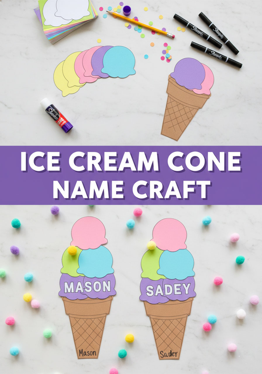 Ice cream cone name craft supplies and finished results showing before and after craft steps for preschool and kindergarten
