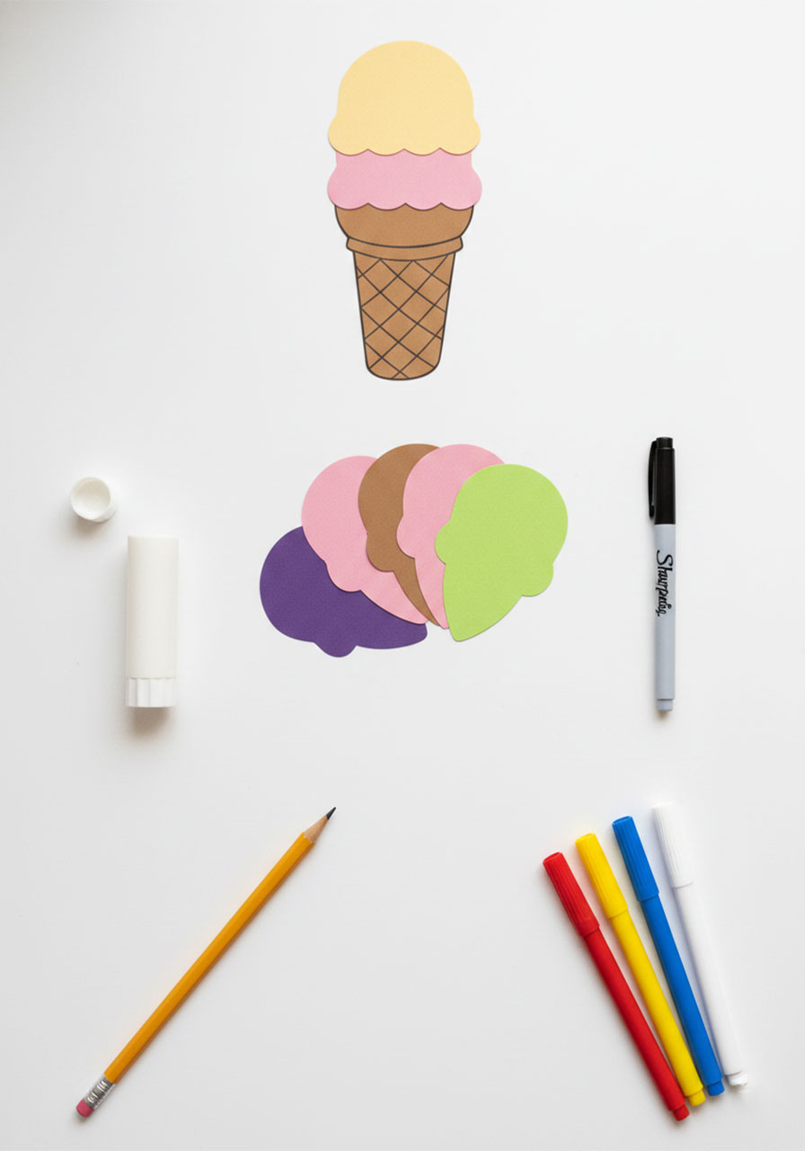 Supplies for ice cream cone name craft including cardstock scoops, cone template, Sharpie, glue stick, pencil, and paint pens