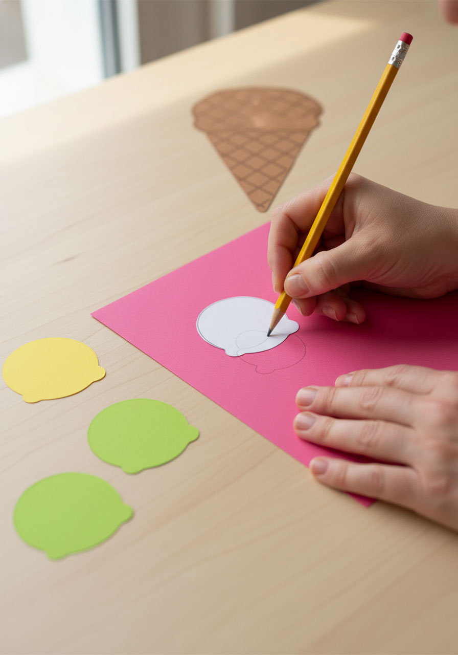 Adult hands tracing ice cream scoop template onto pink cardstock for ice cream cone name craft