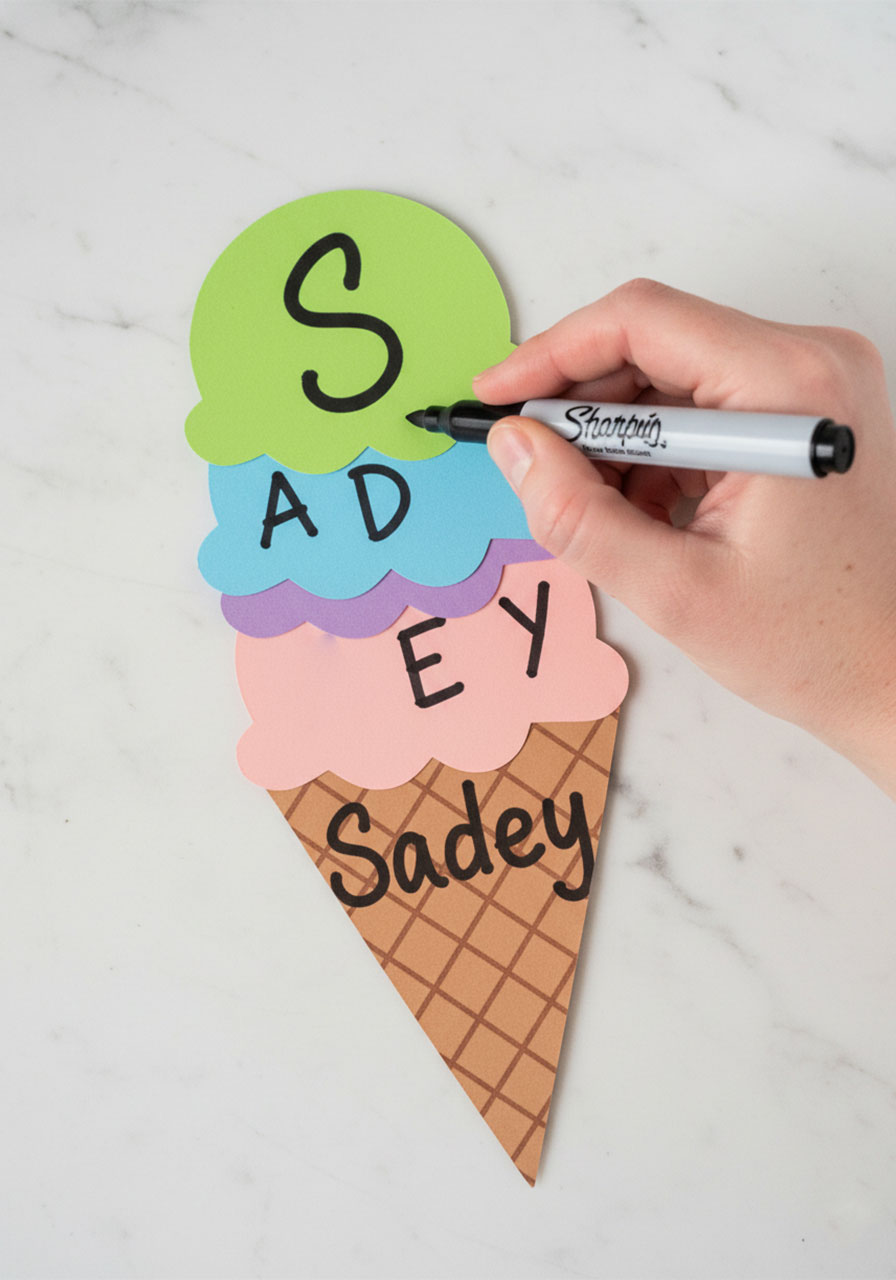 Hand writing bold letter S on lime green scoop of ice cream cone name craft with Sharpie marker