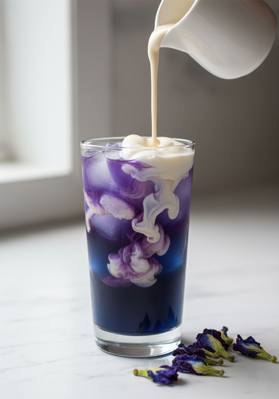 Iced butterfly pea flower tea latte in a clear glass with vanilla cold foam being poured on top, swirling blue and white layers