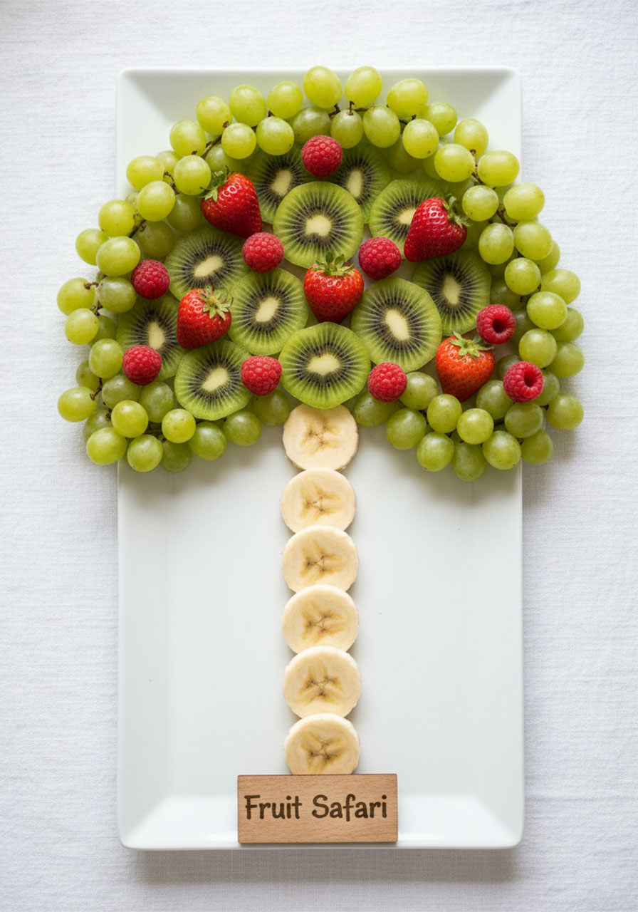 Healthy jungle fruit tree tray with grapes kiwi strawberries and banana trunk, creative animal themed birthday snack display for kids zoo party	