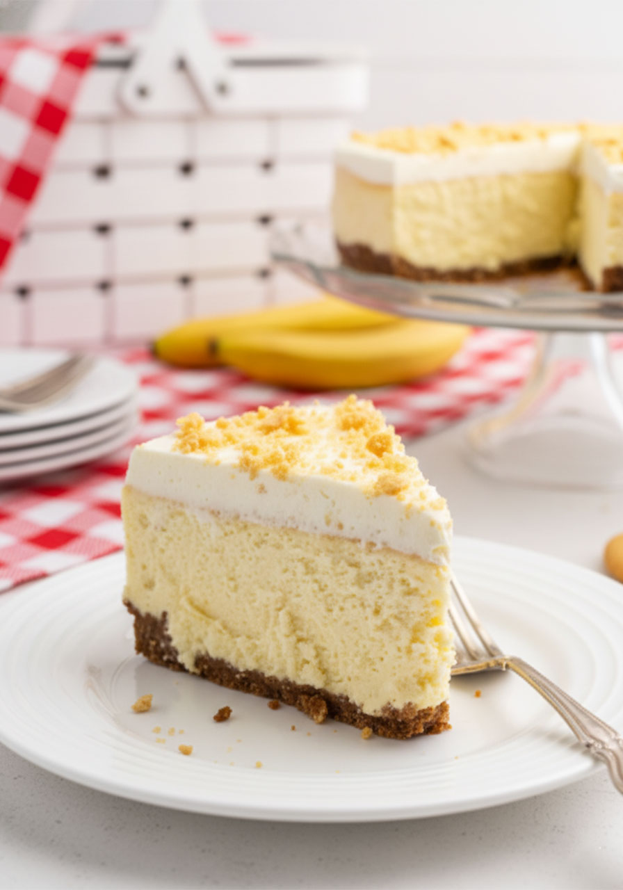 Close-up slice of keto banana pudding cheesecake showing cookie crust, creamy banana filling, and whipped cream topping layers