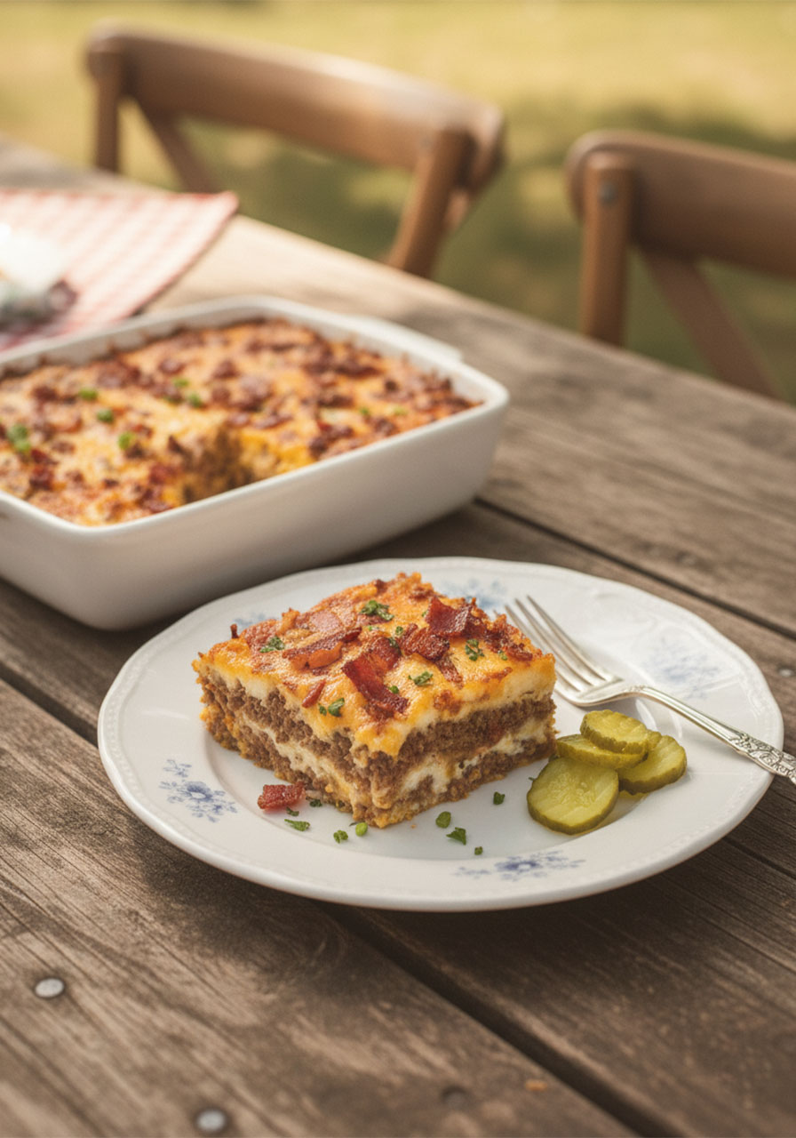 Plated serving of keto low-carb bacon cheeseburger casserole with pickle topping and parsley garnish for family dinner
