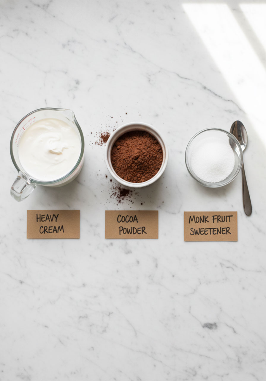 Three ingredients for keto chocolate mousse — heavy cream, cocoa powder, and monk fruit sweetener
