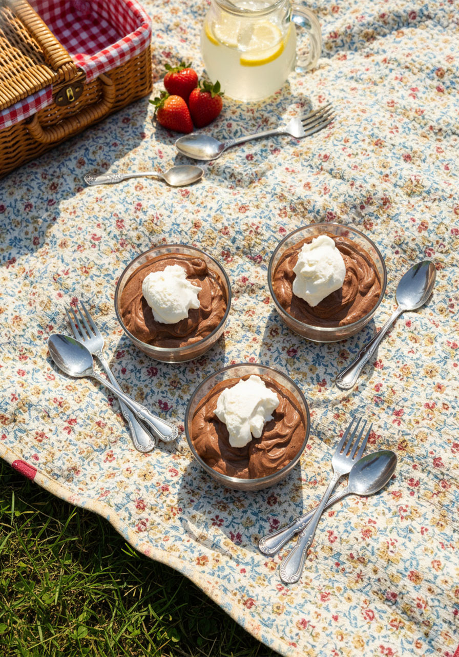 Three bowls of keto chocolate mousse topped with whipped cream on a wooden table