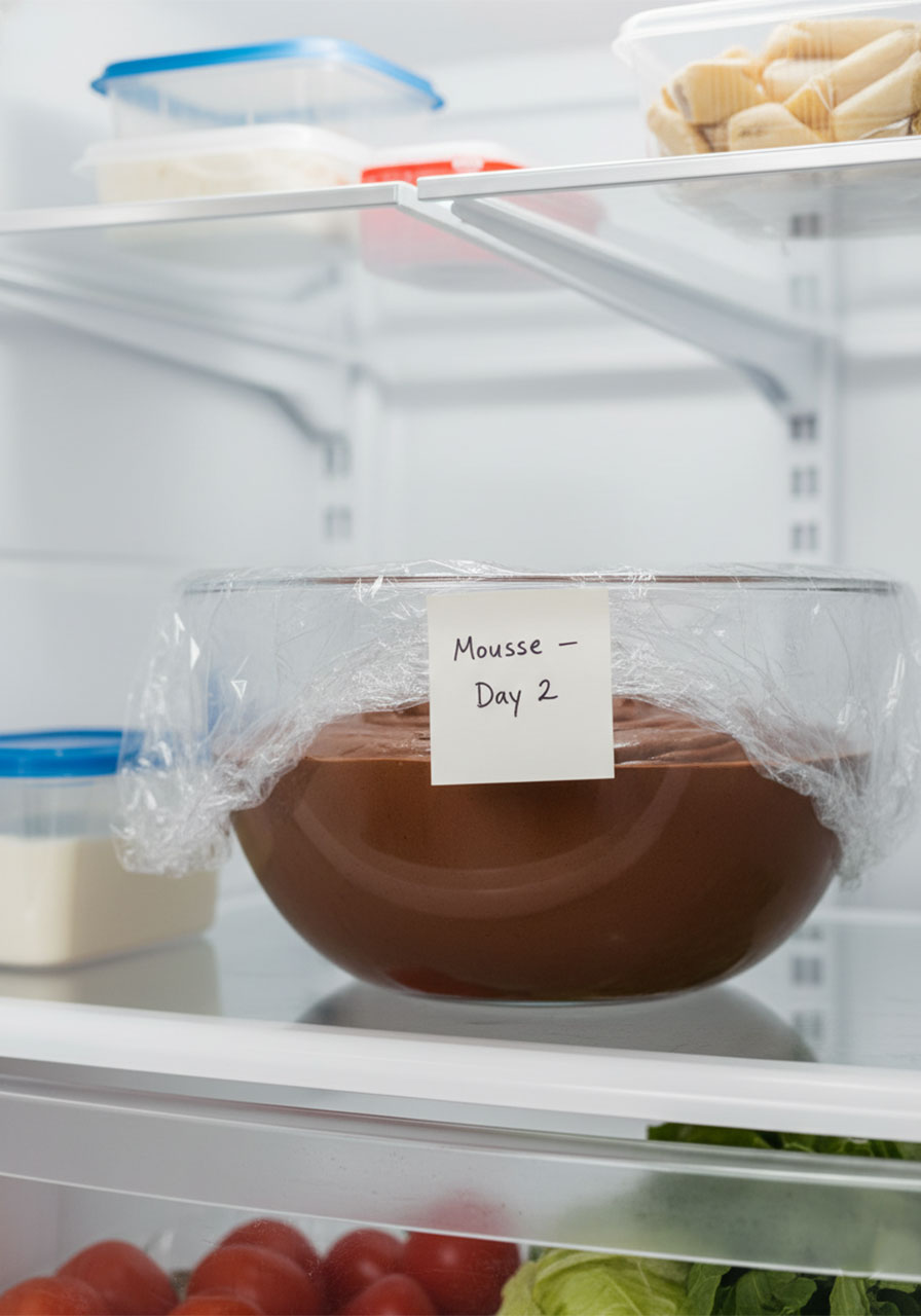 Keto chocolate mousse stored in a covered bowl in the refrigerator for up to 3 days