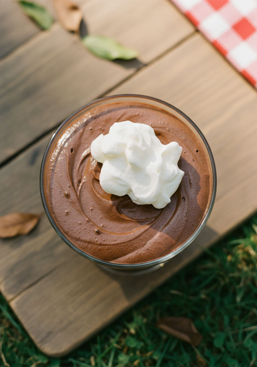 Close-up of swirled keto chocolate mousse texture in a glass bowl