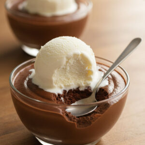 Keto chocolate mousse served in a glass bowl topped with a scoop of vanilla ice cream