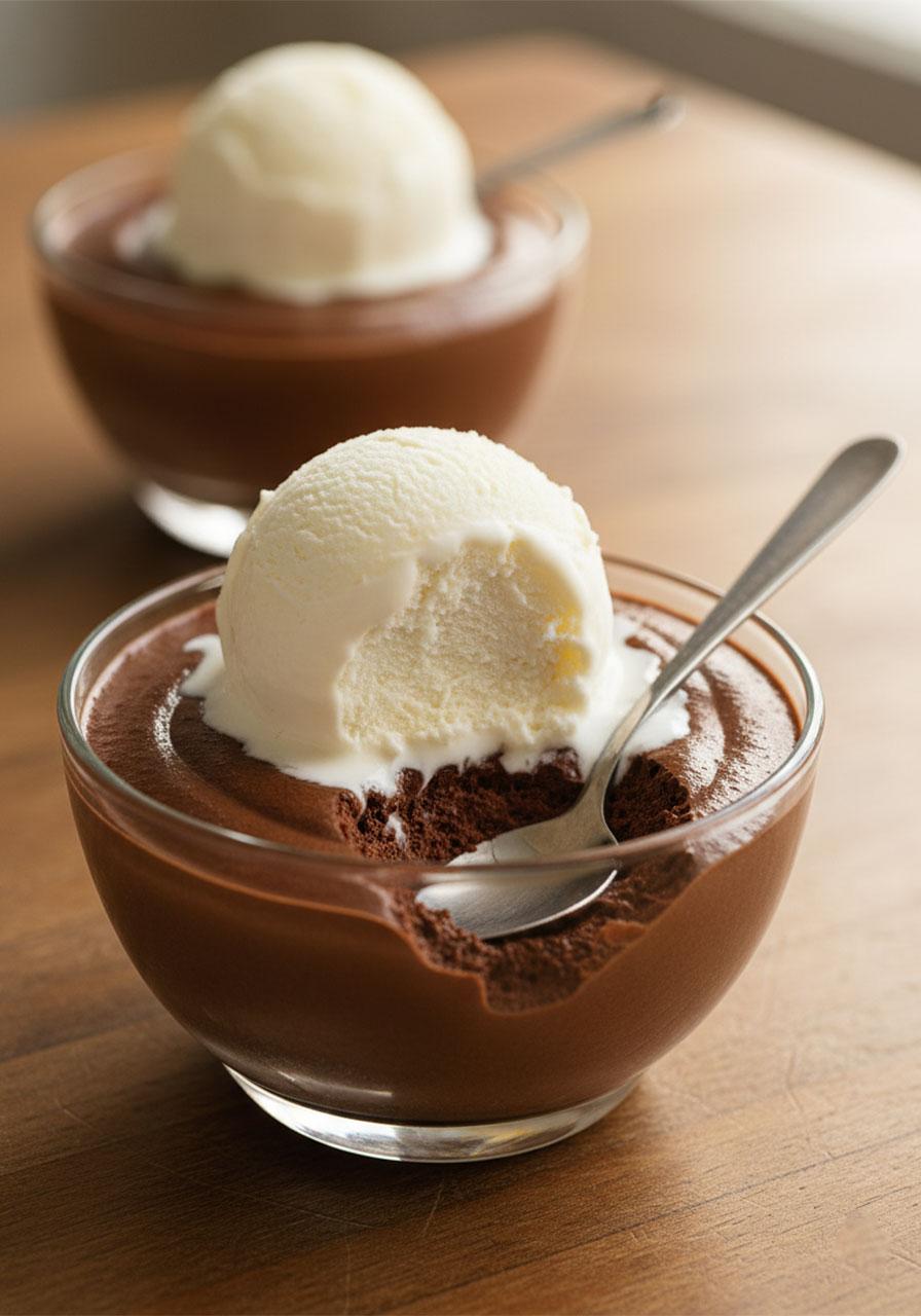 Keto chocolate mousse served in a glass bowl topped with a scoop of vanilla ice cream
