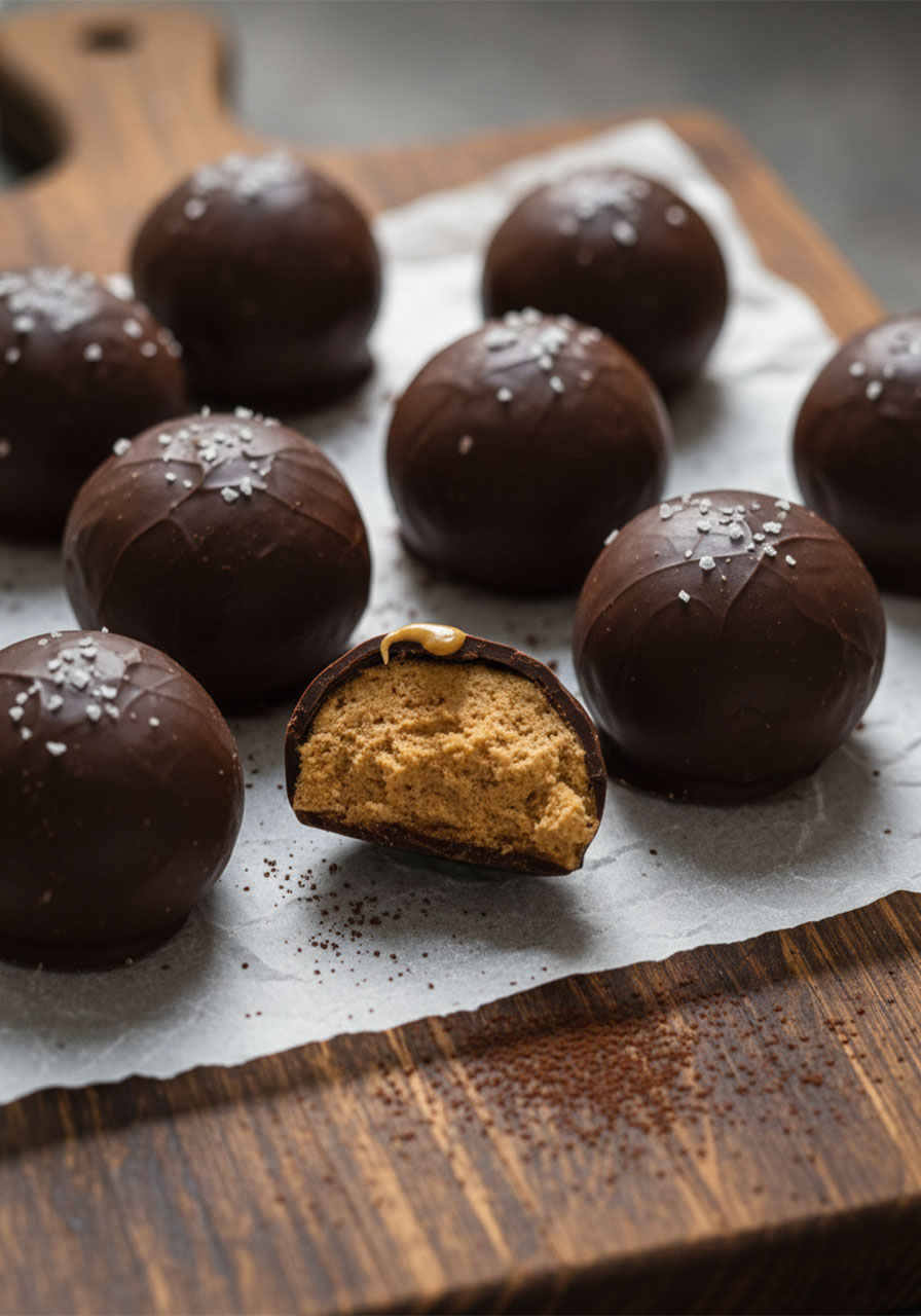 Keto peanut butter chocolate fat bomb cut in half showing creamy peanut butter center and dark chocolate shell