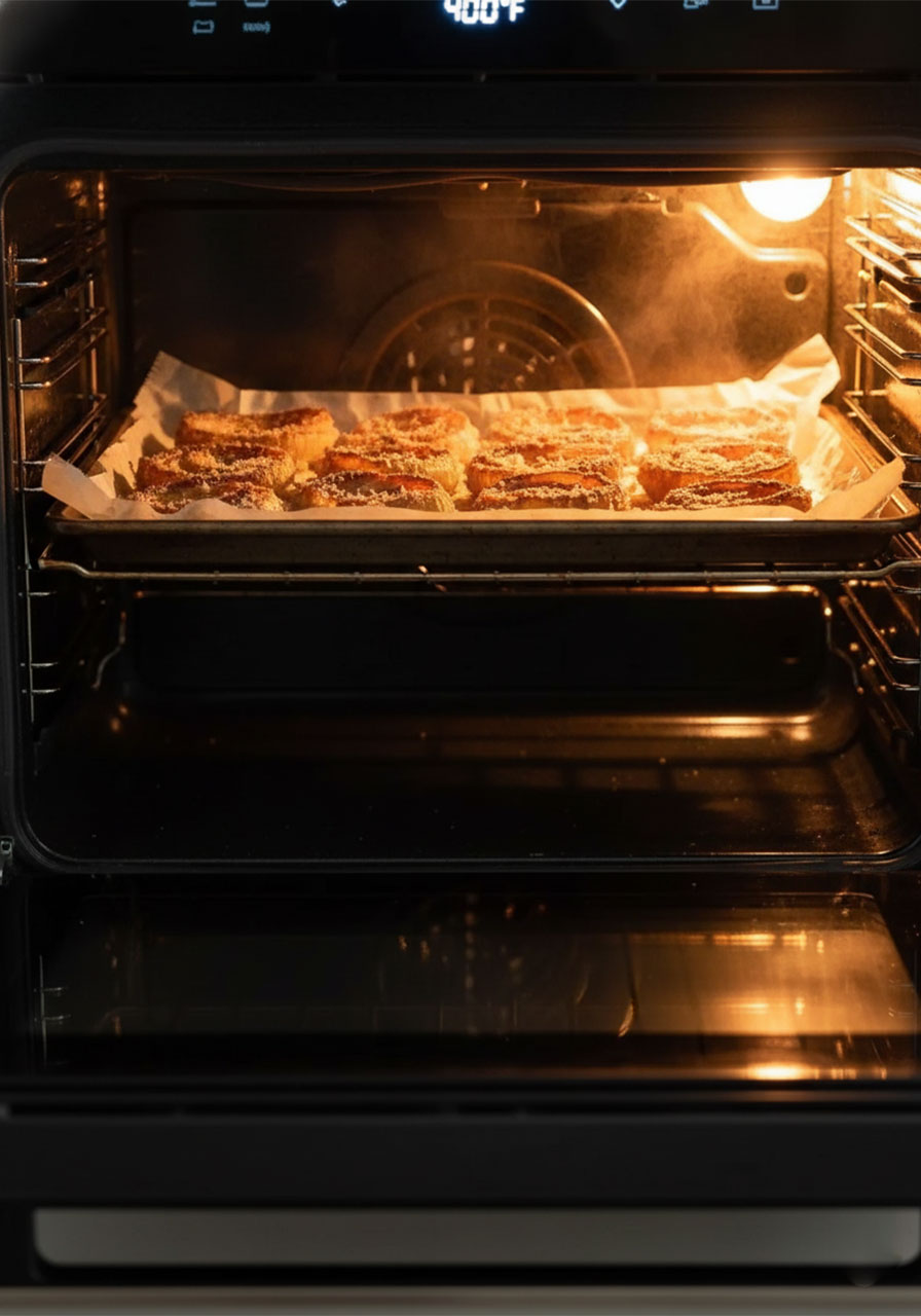 Crispy keto parmesan onion rings baking in the oven at 400 degrees until golden brown and bubbly
