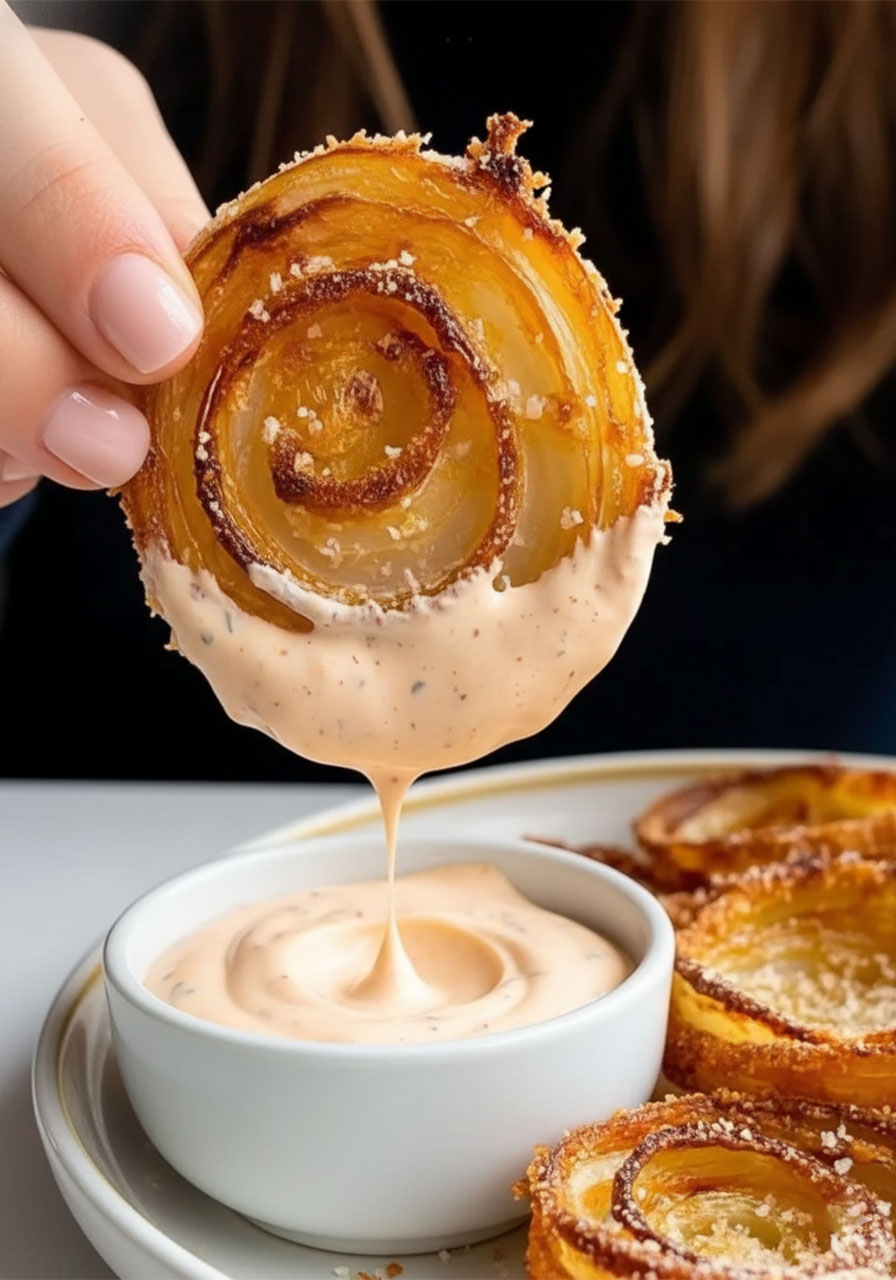 Crispy no-fry keto parmesan onion ring being dipped into creamy spicy mayo sauce