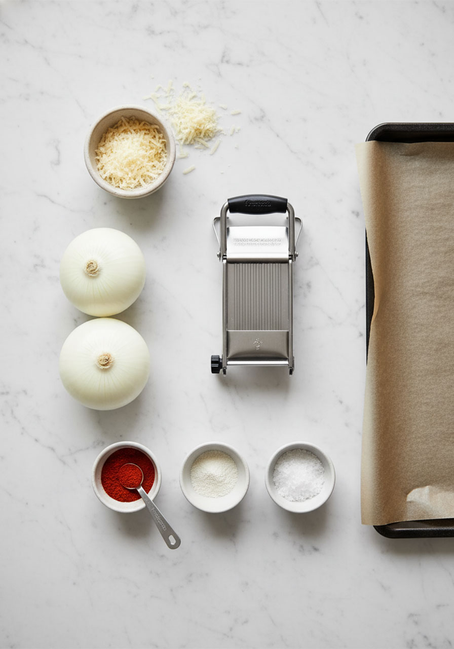 Ingredients for crispy keto onion rings including white onions, shredded parmesan, paprika, garlic powder, and parchment paper